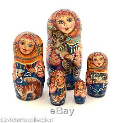Russian Nesting DOLL Girl with a Cat Hand Carved Hand Painted Babushka artwork