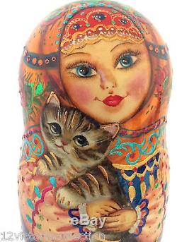 Russian Nesting DOLL Girl with a Cat Hand Carved Hand Painted Babushka artwork