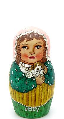 Russian Nesting Doll 5 Girls Kitten Puppy SOKIRKINA HAND PAINTED MATT Matryoshka
