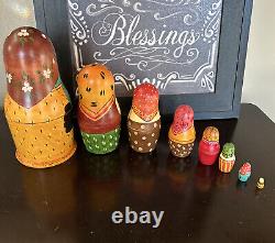 Russian Nesting Doll Country Lady with Chicken Hand Painted 8 Pcs Signed