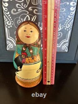 Russian Nesting Doll Country Lady with Chicken Hand Painted 8 Pcs Signed