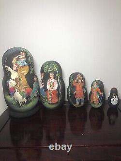 Russian Nesting Doll Fairytale Hand Painted 5 piece Set Signed