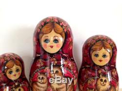 Russian Nesting Doll Fedoskino Style Cats 10 Pcs 9.5