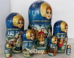 Russian Nesting Doll Fedoskino Style Snow Maiden 7 Pcs 8.5 H
