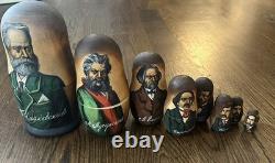 Russian Nesting Doll Matroyshka Composer Set Signed 9.5 Tall 9 Pc 1997