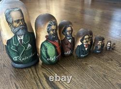 Russian Nesting Doll Matroyshka Composer Set Signed 9.5 Tall 9 Pc 1997