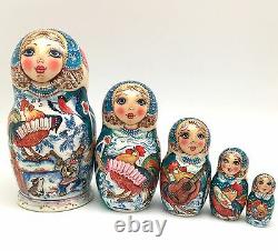 Russian Nesting Doll ROOSTER's BAND Hand Painted Signed by artist