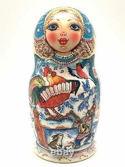 Russian Nesting Doll ROOSTER's BAND Hand Painted Signed by artist