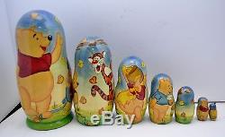 Russian Nesting Doll Winnie the Pooh 7pc Hand Painted Museum Quality Signed 9