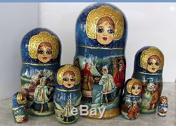 Russian Nesting Doll Winter In The Village 7 Pcs Signed 9 Tall