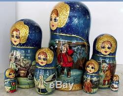 Russian Nesting Doll Winter In The Village 7 Pcs Signed 9 Tall