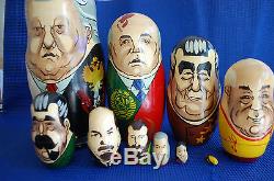 Russian Nesting Dolls 10 Soviet Leaders, vintage 11 1/4 tall