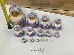 Russian Nesting Dolls 15 Pc Set Pastel Pink Matryoshka Babushka Signed Artist 6
