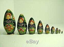 Russian Nesting Dolls 1993 Artist Signed 9 Pc Hand Painted Wood 8 Matryoshka