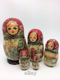 Russian Nesting Dolls CHRISTMAS Santa Wood Handmade in Russia Set of 5 6.5