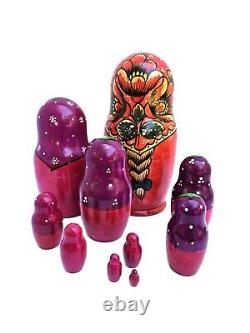 Russian Nesting Dolls Colorful in Reds Pink, and Purple Set of 10 -19 Pieces