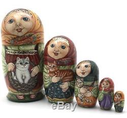 Russian Nesting Dolls Girl with Cats Hand Carved Hand Painted UNIQUE ArtWork
