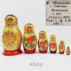 Russian Nesting Dolls Matryoshka Set 6 VTG 1965 Mampewka 6.5 Wood Hand Painted