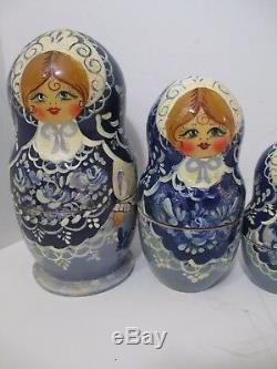 Russian Nesting Dolls Matryoshka Set 7 Blue Blonde Hair Lacquer Wood Signed 7