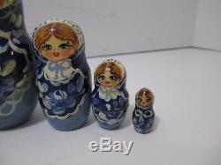 Russian Nesting Dolls Matryoshka Set 7 Blue Blonde Hair Lacquer Wood Signed 7