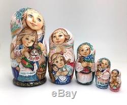 Russian Nesting Dolls Mom Children animals 5 piece set Hand Carved Hand Painted