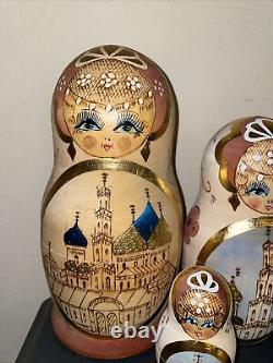Russian Nesting Dolls Set of 10 Ceprueb, Gold Accents, Signed 10 Tall largest
