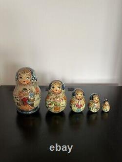 Russian Nesting Dolls Signed 5 Pieces Winter Scenes