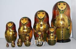Russian Nesting Dolls Signed Gold Icon Christian Madonna Jesus Murals 10 to 3/4