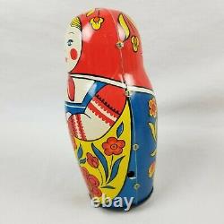Russian Nesting Metal Wind Up Doll 1970's Mechanical Toy USSR Vtg