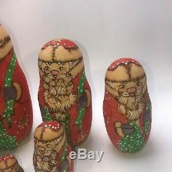 Russian Nesting Santa Christmas Dolls 7 Wood Burned Burnt Matte Signed