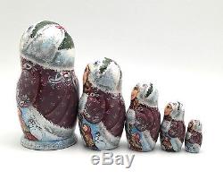 Russian Nesting Winter Dolls 5 piece set Hand Carved Hand Painted