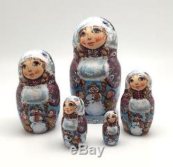 Russian Nesting Winter Dolls 5 piece set Hand Carved Hand Painted