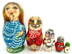 Russian Nesting dolls Matryoshka 5 ALICE IN WONDERLAND CHESHIRE CAT WHITE RABBIT