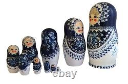Russian Nesting dolls stacking 10 Parts Blue White Matryoshka Painted At Hand By