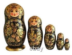 Russian Nesting dolls stacking Matryoshka Black Painted At Hand By Voronina