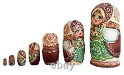 Russian Nesting dolls stacking Nest 7 Green Pièces Painted At Hand Rousanova