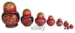 Russian Nesting dolls stacking Red Nooir 10 Parts Matryoshka Painted By Kidaeva