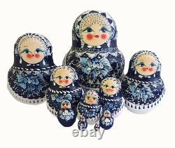 Russian Nesting dolls stacking White Blue 10 Parts Matryoshka Painted By Stogova