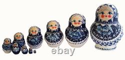 Russian Nesting dolls stacking White Blue 10 Parts Matryoshka Painted By Stogova