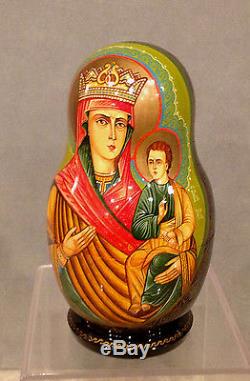 Russian Religious Icon Nesting Doll Virgin Mary & Jesus 5 Pcs Signed