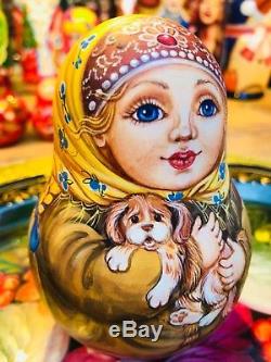 Russian Roly Poly Russian nesting doll young girl & puppiesMuseum artsigned