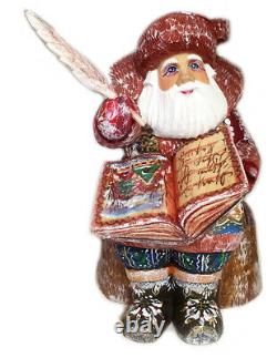 Russian Santa Claus Figurine Sitting on a Log Chair Holding a Book Wooden 8 WOW