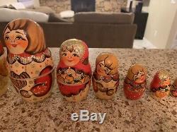 Russian Sergiev Posad Wooden Nesting Dolls -15 Red Floral Bird Jewels -2006