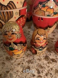Russian Sergiev Posad Wooden Nesting Dolls -15 Red Floral Bird Jewels -2006