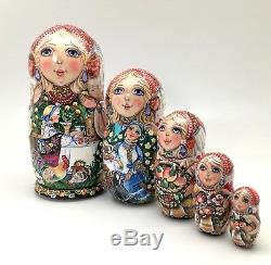 Russian Tale Tea Party Nesting DOLL Hand Carved Hand Painted Signed ART