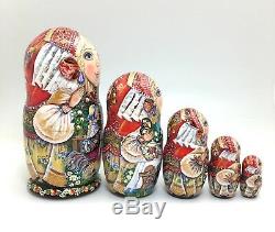 Russian Tale Tea Party Nesting DOLL Hand Carved Hand Painted Signed ART