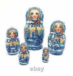 Russian Winter Hand Carved Hand Painted UNIQUE Nesting Doll Set