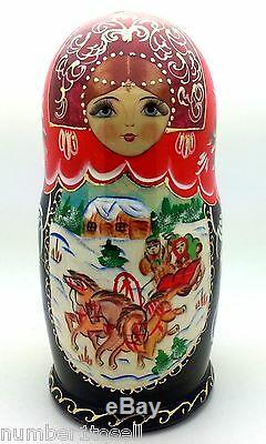 Russian Winter Troika story Hand Carved Hand Painted Nesting Doll set 7 tall