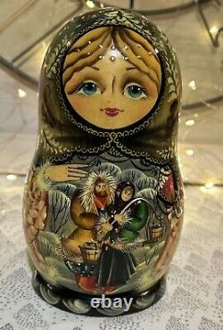 Russian Wood Fairytale Nesting Doll with 8 Christmas Tree Ornaments- Signed