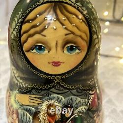 Russian Wood Fairytale Nesting Doll with 8 Christmas Tree Ornaments- Signed